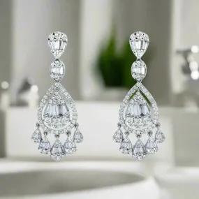 Sonnet 4 Carats Round and Baguette Diamond Teardrop Earrings in 14K White Gold