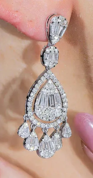Sonnet 4 Carats Round and Baguette Diamond Teardrop Earrings in 14K White Gold