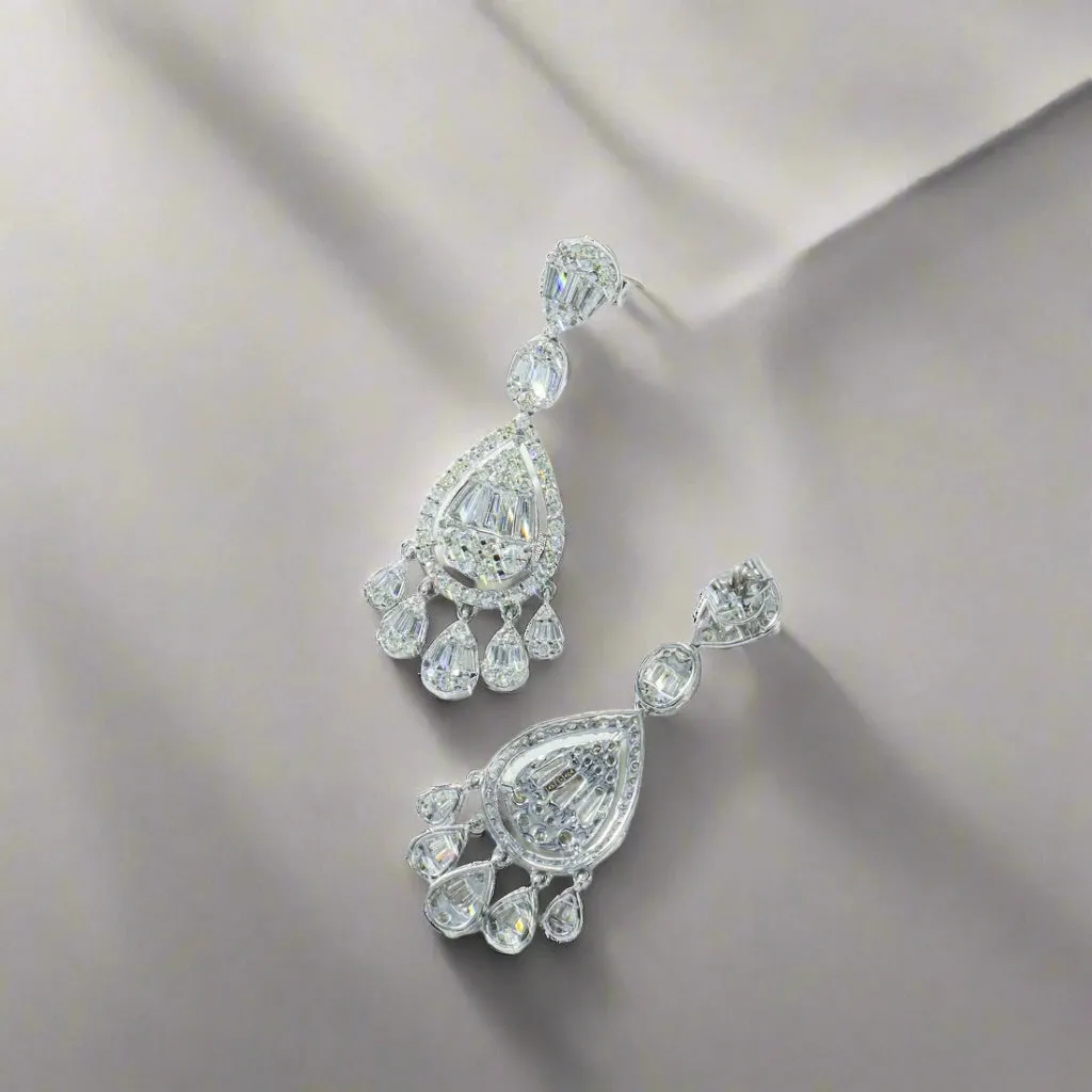 Sonnet 4 Carats Round and Baguette Diamond Teardrop Earrings in 14K White Gold