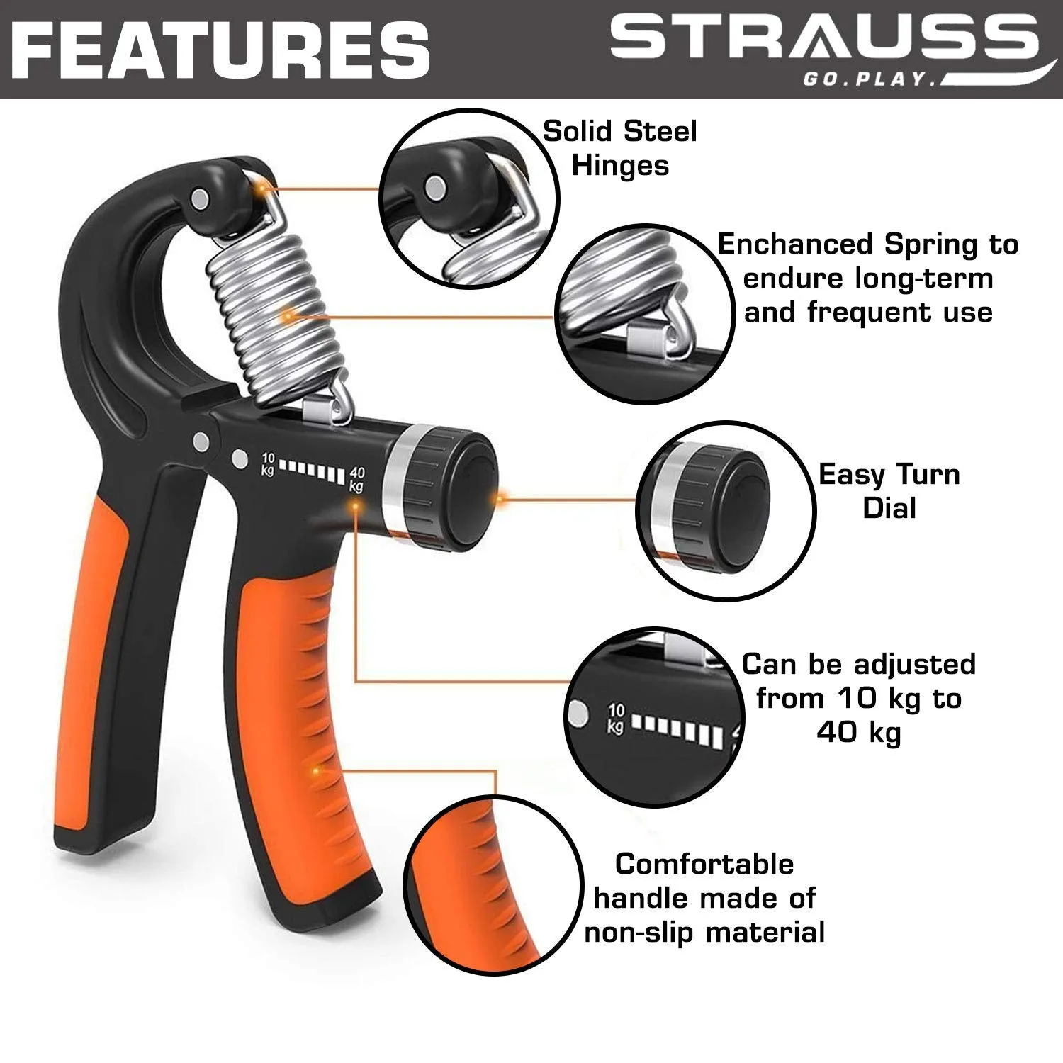 Strauss Adjustable Hand Grip Strengthener, (Black/Orange) With Double Exercise Wheel And Skipping Rope
