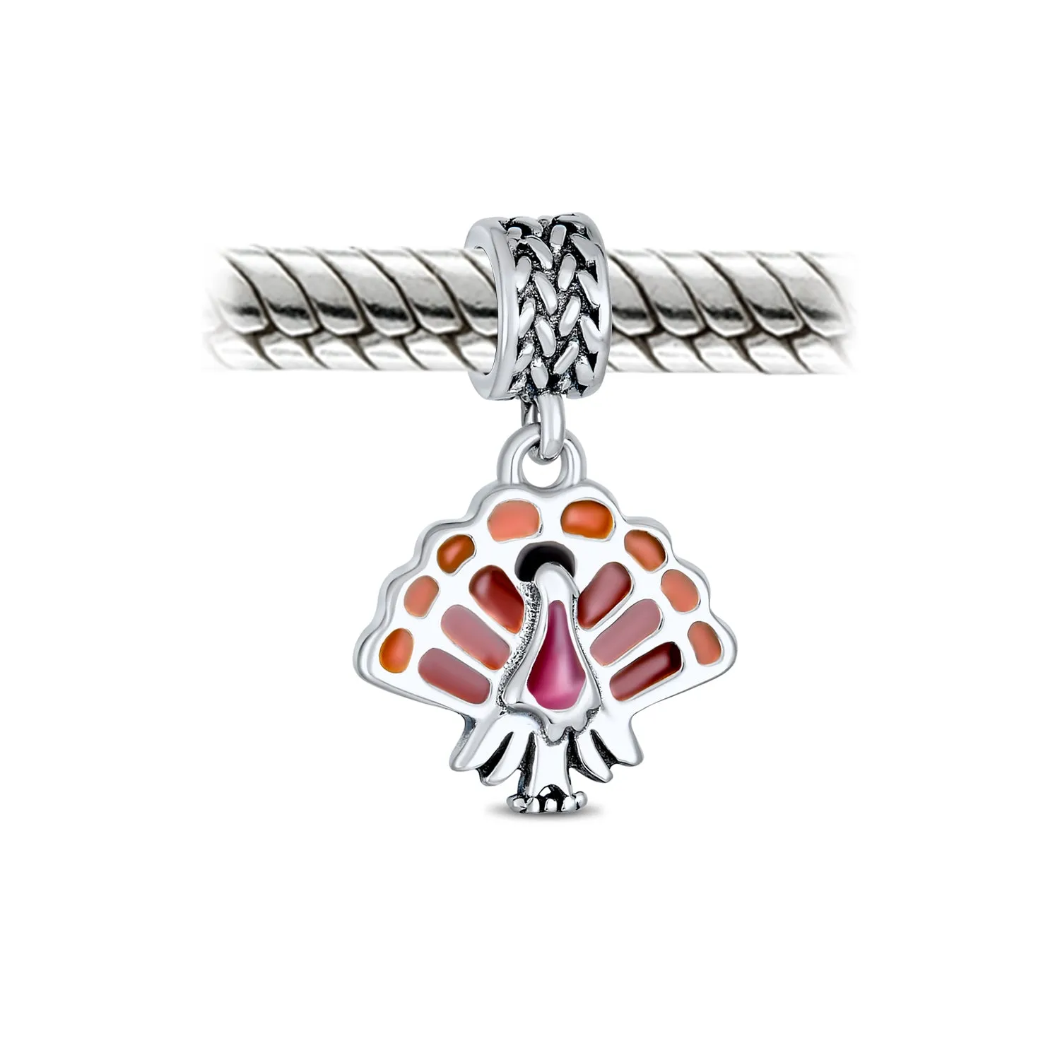 Thanksgiving Turkey Dangle Charm Bead Brown Enamel for European Bracelet Silver