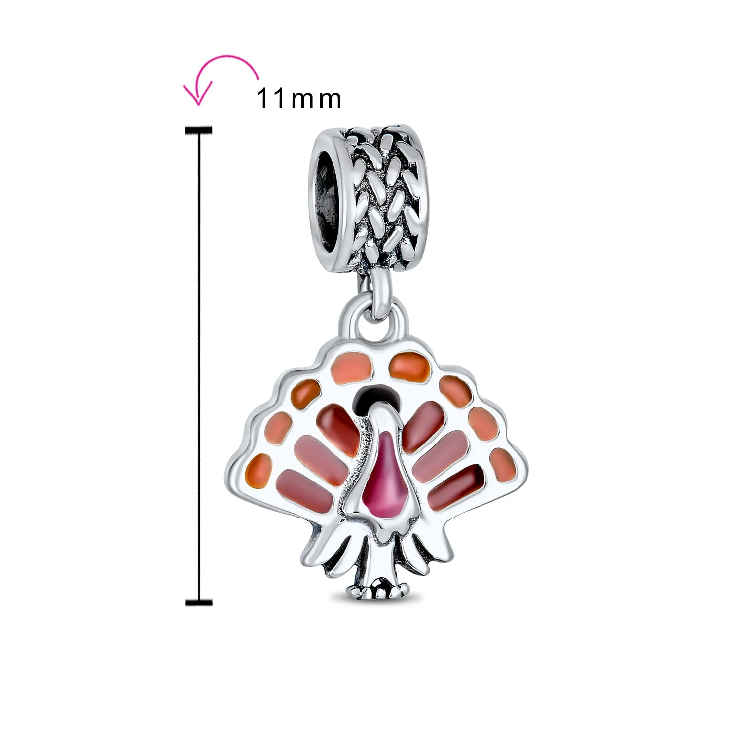 Thanksgiving Turkey Dangle Charm Bead Brown Enamel for European Bracelet Silver