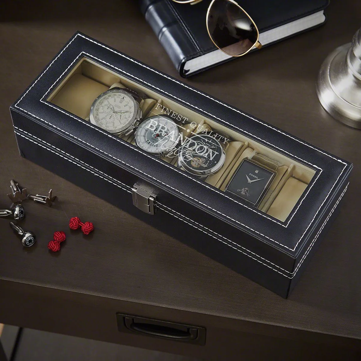 Timeless Personalized Black Leather Watch Case