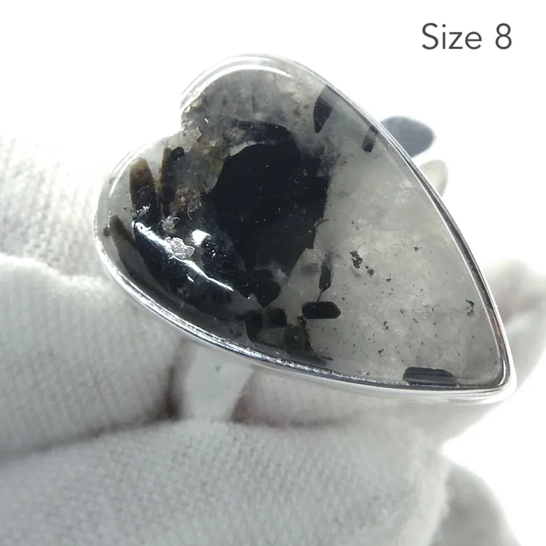 Tourmaline in Clear Quartz Ring, Heart Shaped Cabochon, 925 Silver
