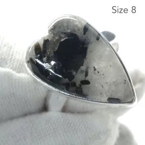 Tourmaline in Clear Quartz Ring, Heart Shaped Cabochon, 925 Silver