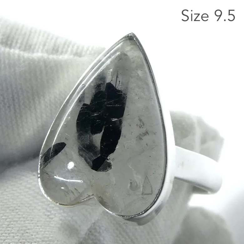 Tourmaline in Clear Quartz Ring, Heart Shaped Cabochon, 925 Silver