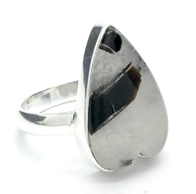 Tourmaline in Clear Quartz Ring, Heart Shaped Cabochon, 925 Silver