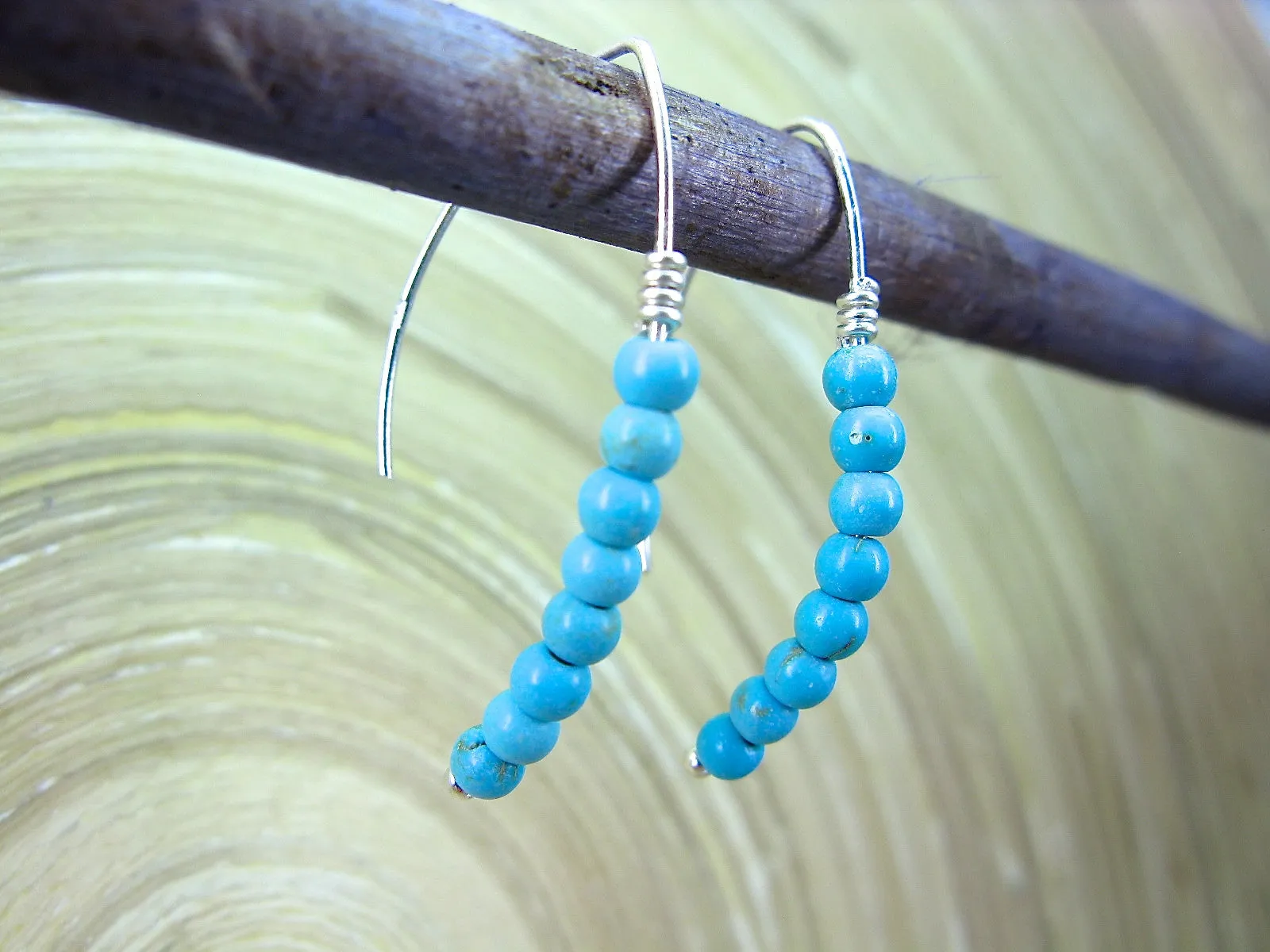 Turquoise Bead Line 925 Sterling Silver Ear Wire Earrings