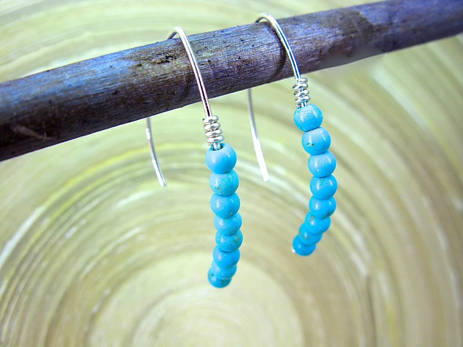 Turquoise Bead Line 925 Sterling Silver Ear Wire Earrings