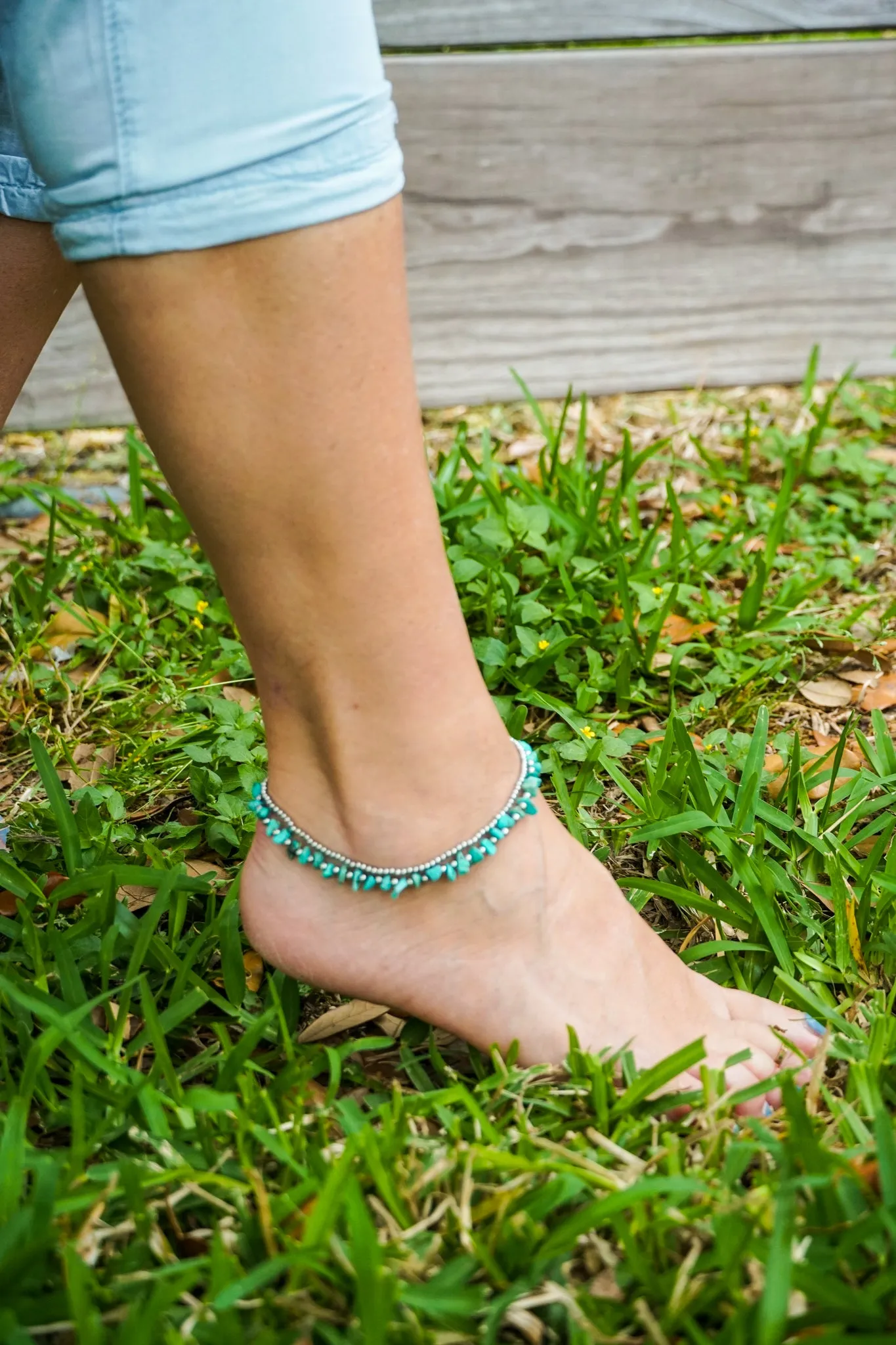 Turquoise Chip Stone Boho Silver Anklet