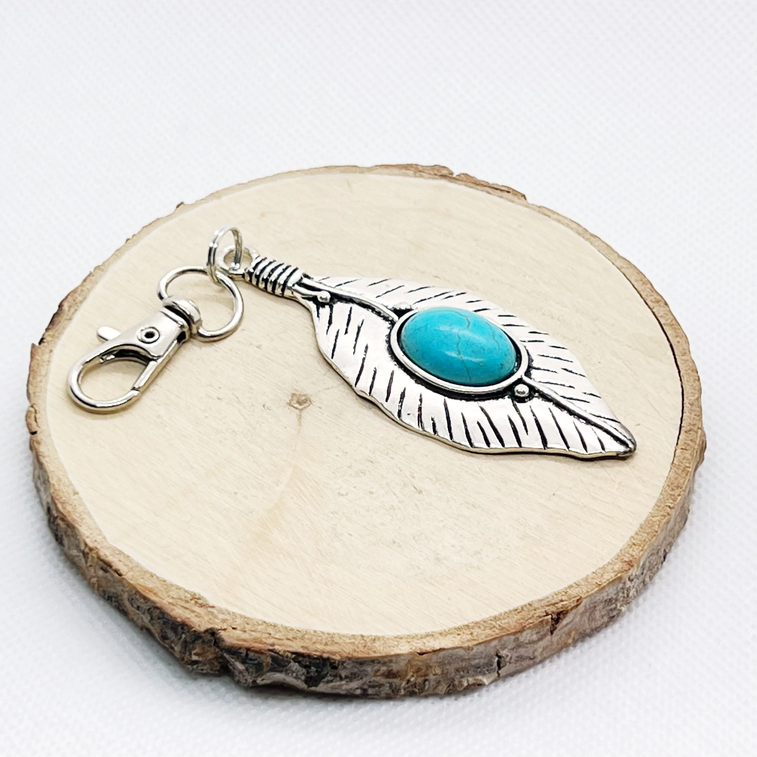 Turquoise Silver Feather Western Zipper Pull Keychain Charm