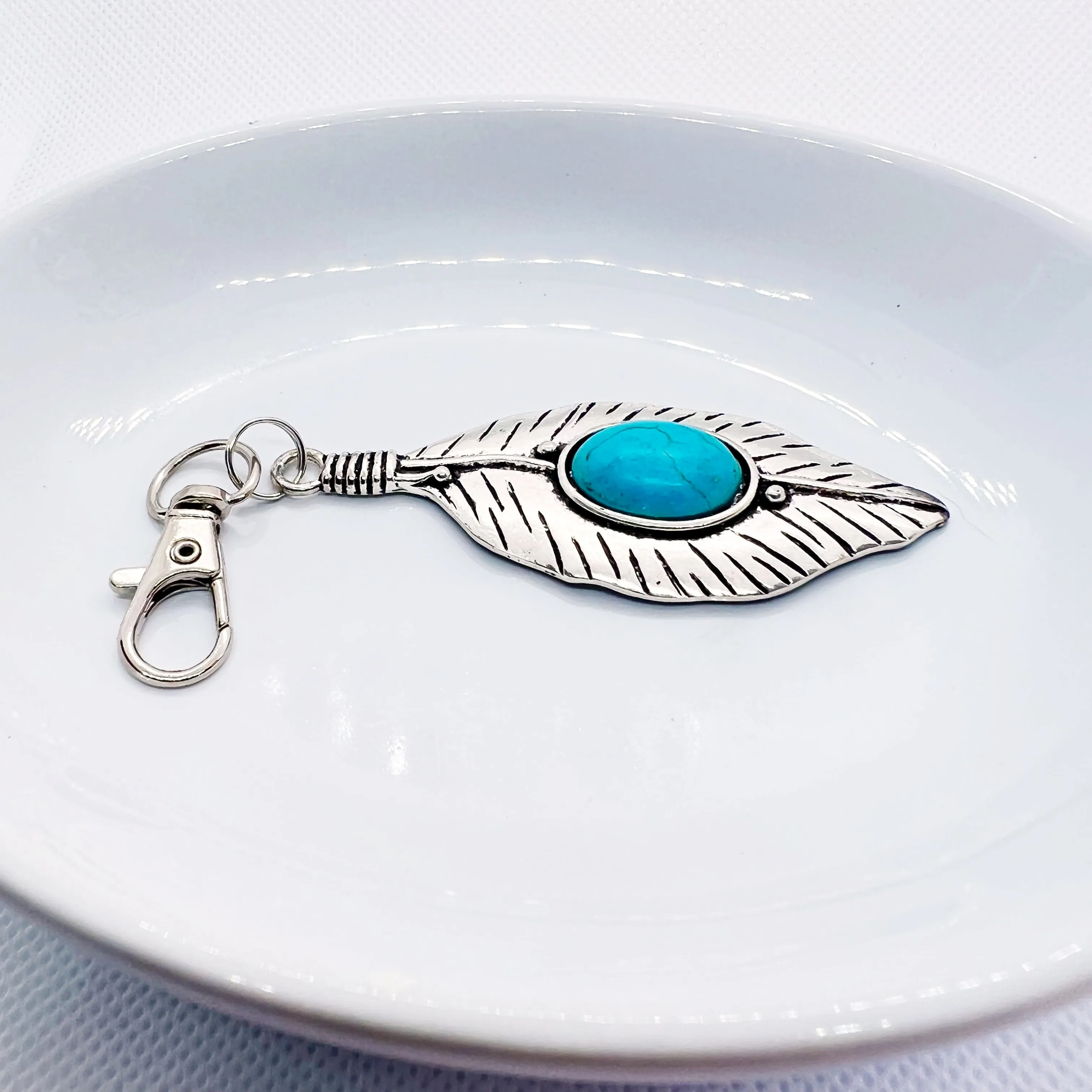 Turquoise Silver Feather Western Zipper Pull Keychain Charm