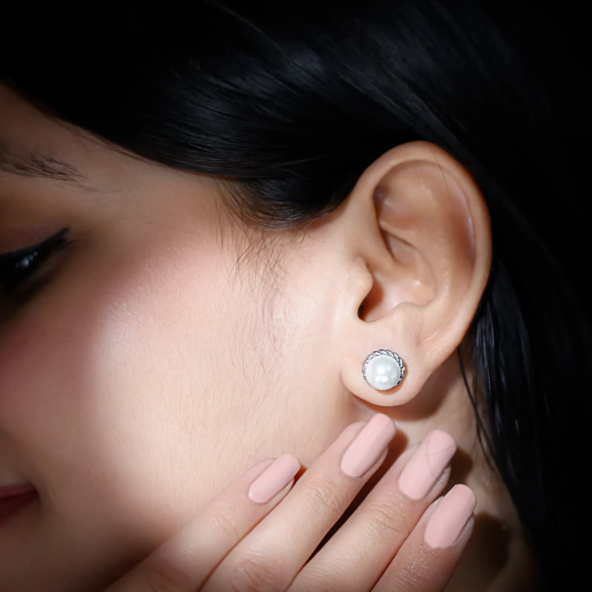 Twisted Rope Framed Pearl Solitaire Stud Earrings