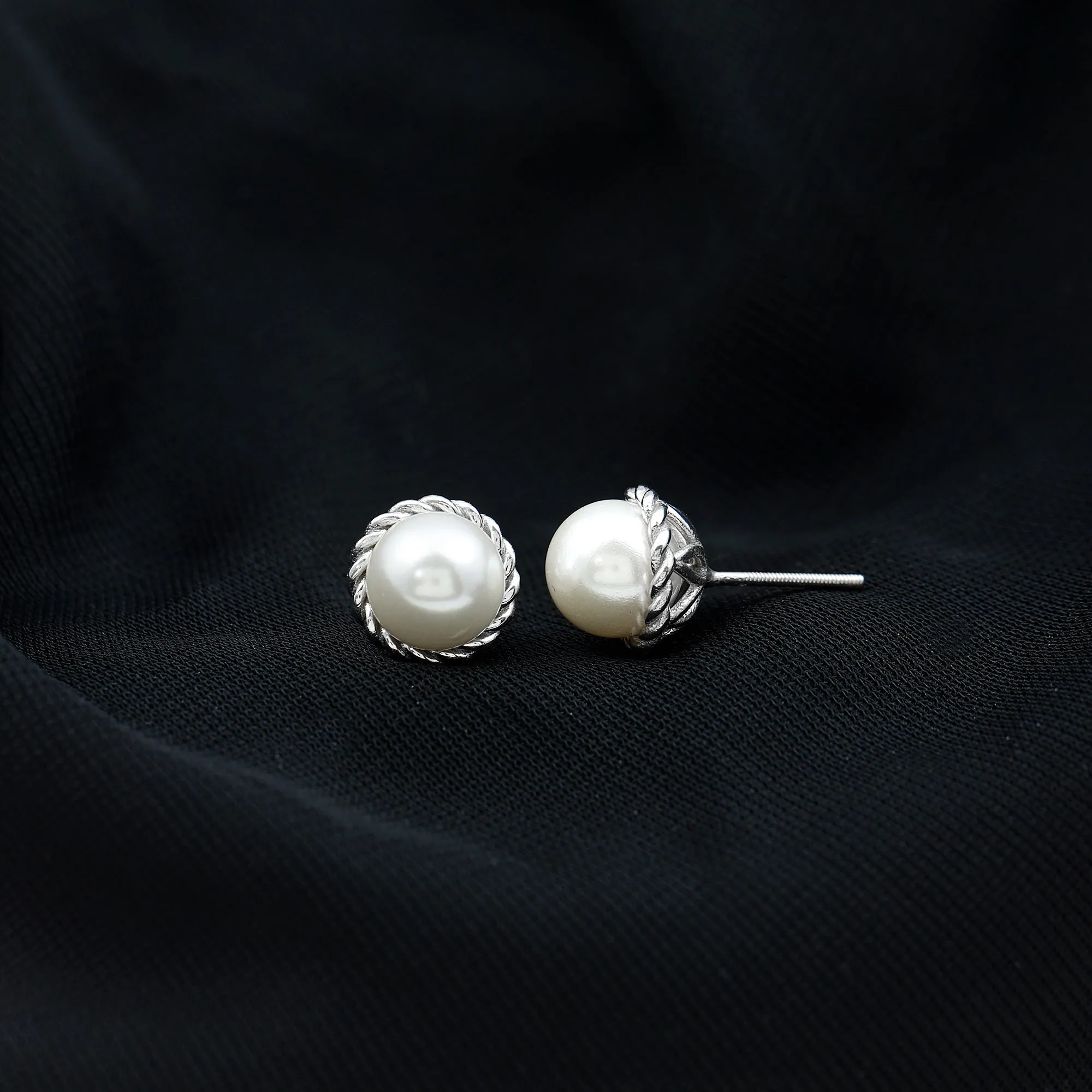 Twisted Rope Framed Pearl Solitaire Stud Earrings