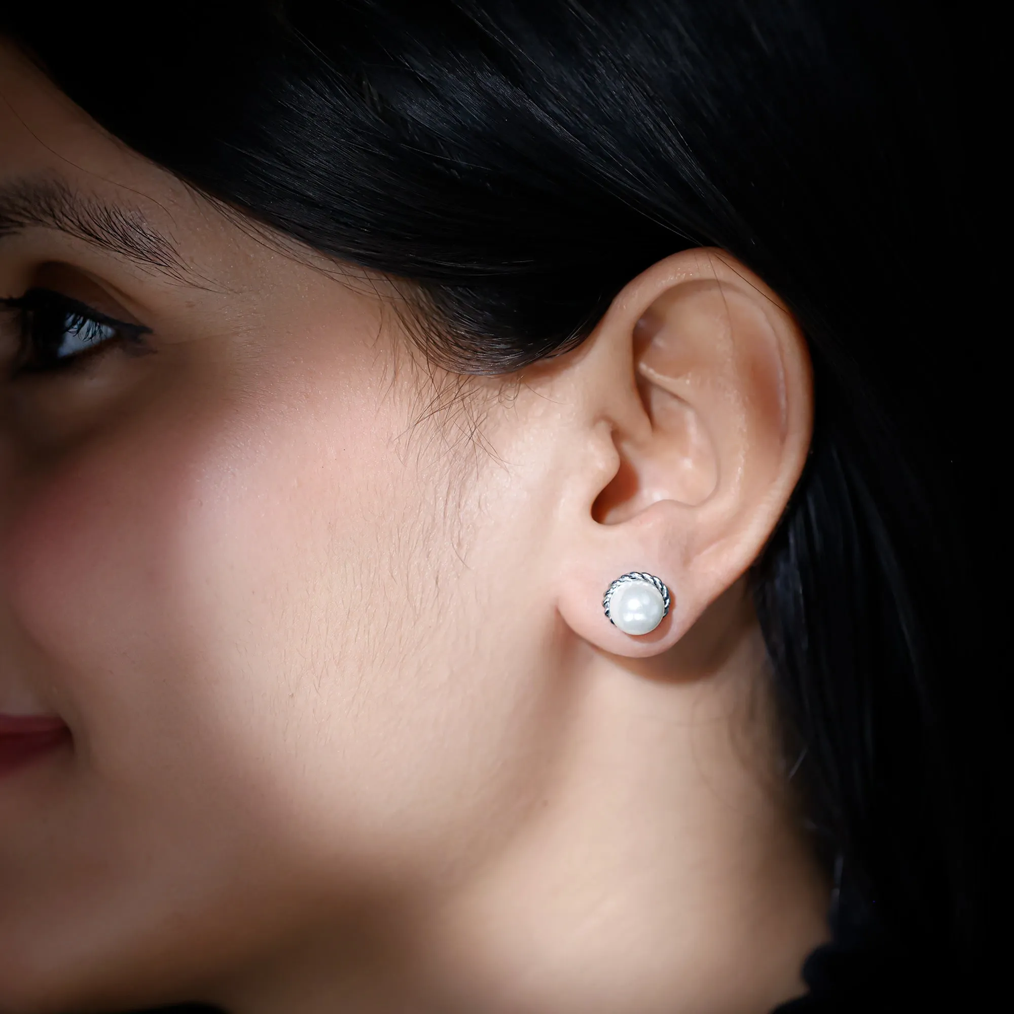 Twisted Rope Framed Pearl Solitaire Stud Earrings
