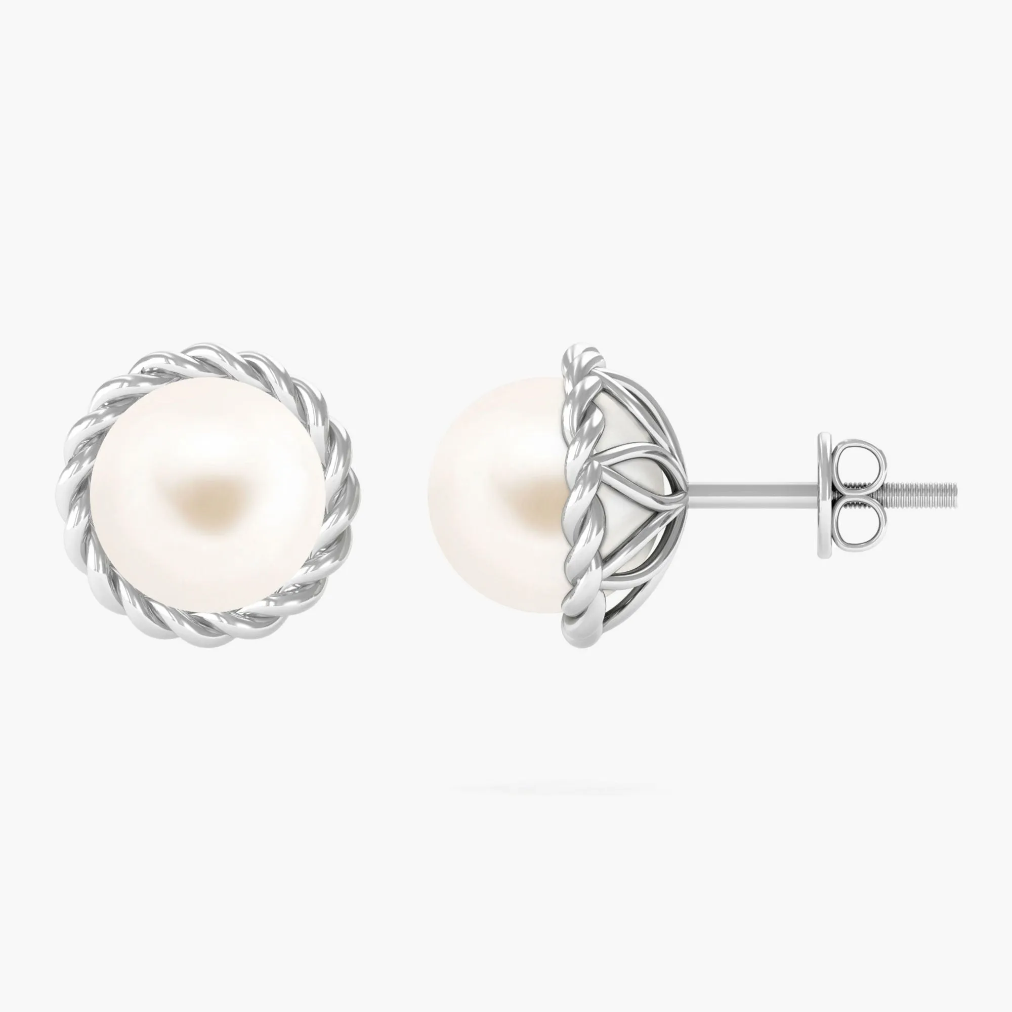 Twisted Rope Framed Pearl Solitaire Stud Earrings