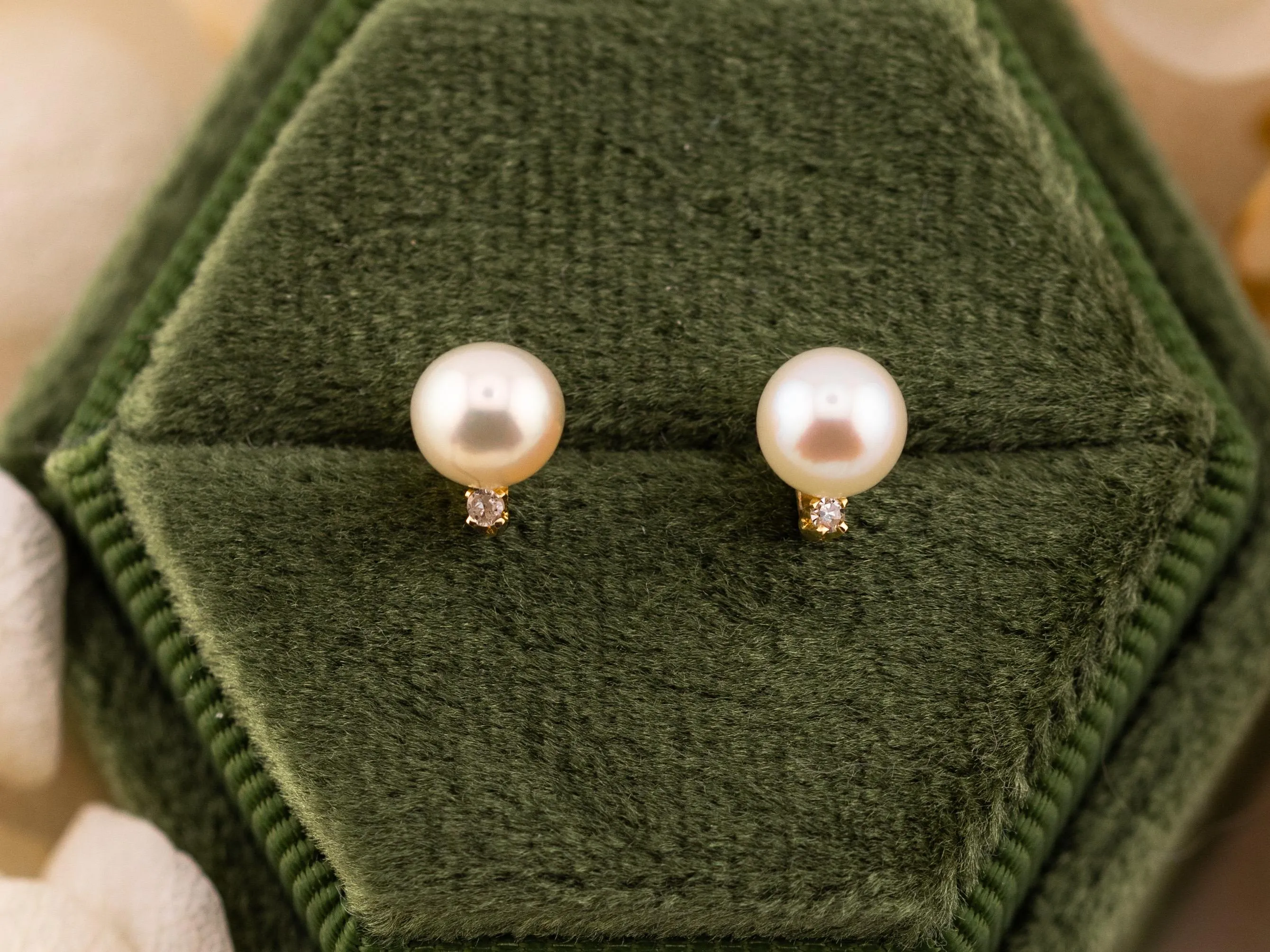 Vintage Pearl and Diamond earrings vintage pearl stud earrings 10k solid gold cultured pearl earrings