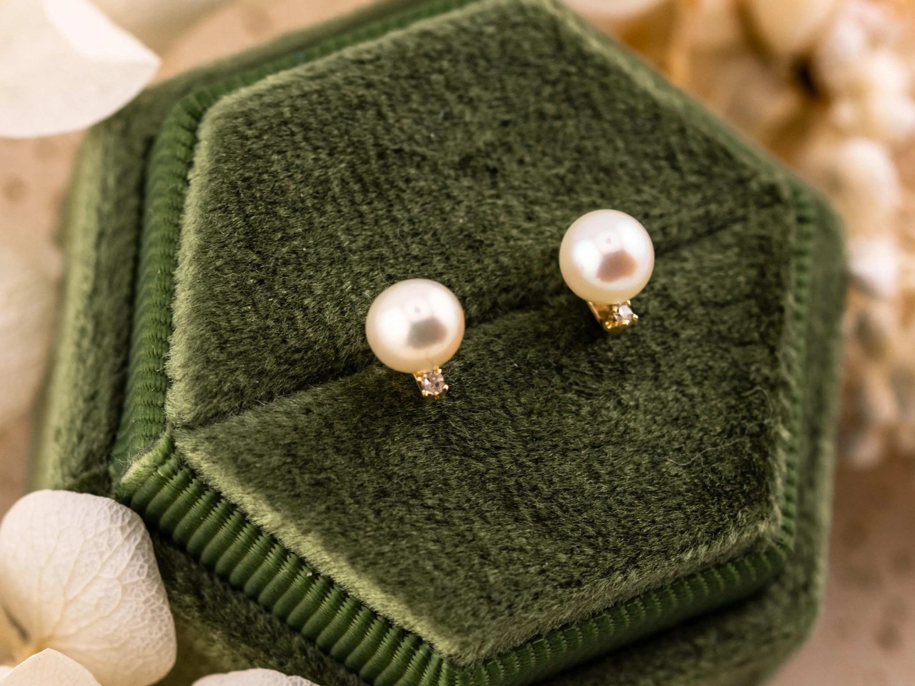 Vintage Pearl and Diamond earrings vintage pearl stud earrings 10k solid gold cultured pearl earrings