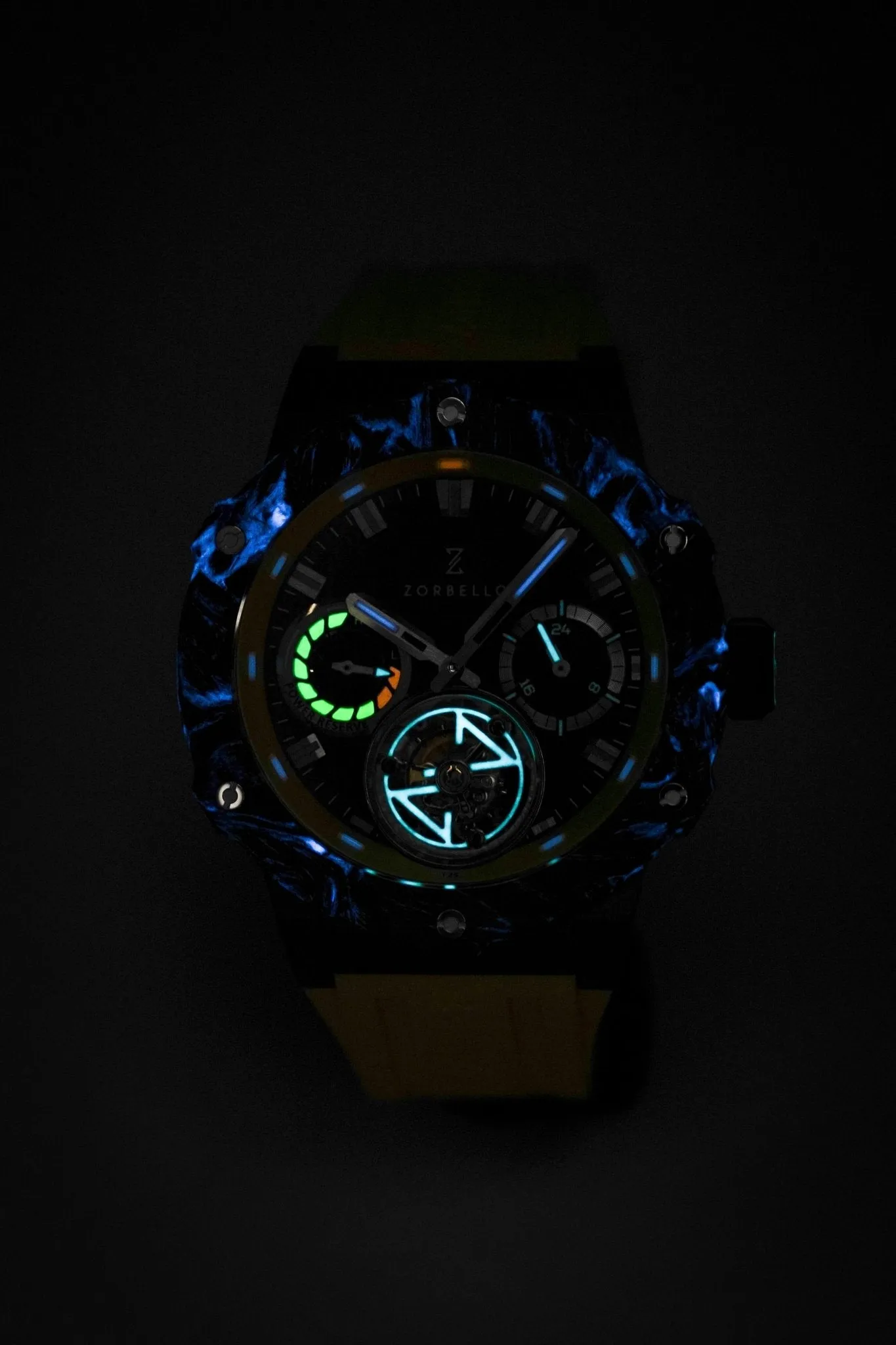 Zorbello Watch T3 Tourbillon Yellow Super-Luminova® Tritium ZBAD003 *Free Watch Winder*